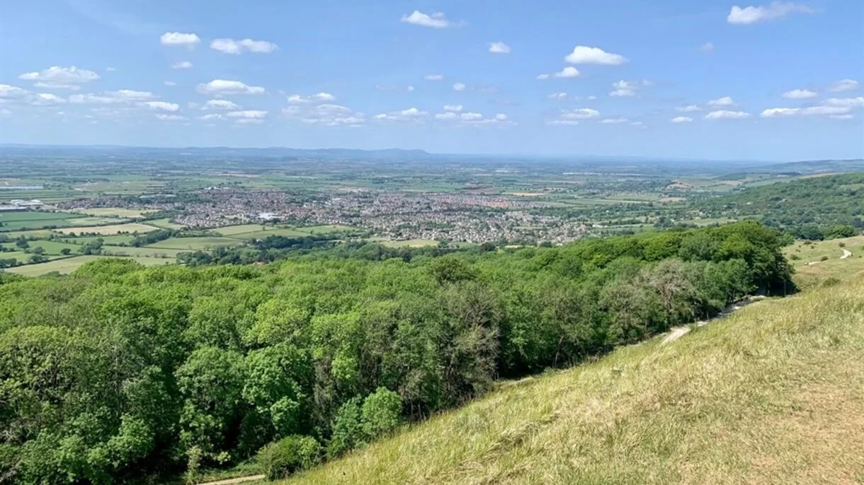 View across the Cotswold escarpment from Cleeve Hill